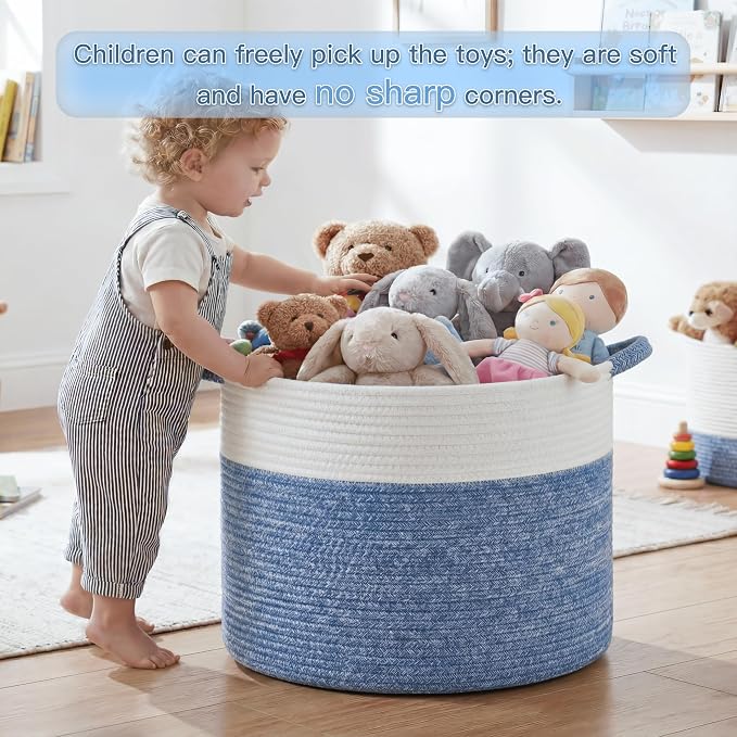Artfeel 100L Large Cotton Rope Basket, Decorative Woven Blanket Storage for Living Room, Boho Toy Storage & Toy Box for Kids, Versatile Laundry Basket & Nursery Hamper for Blankets(DenimBlue) - Image 4
