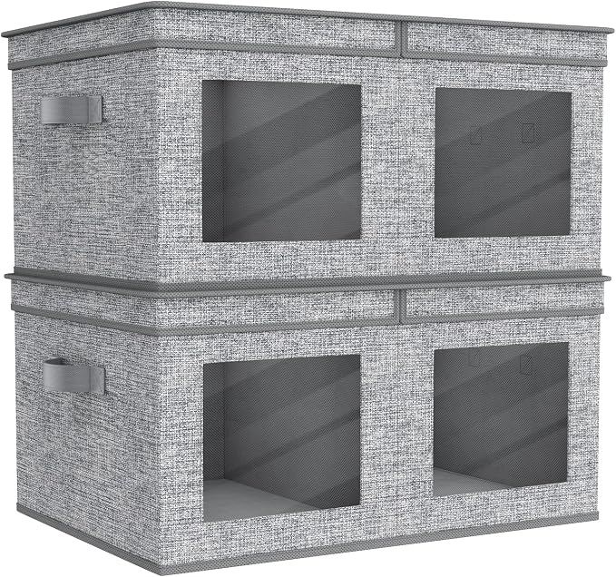 Univivi Large Fabric Storage Bins with Lids for Clothes 2 Pack, Grey | 24 x 17 x 12 In Foldable Storage Boxes with Handles, Clear Window, Closet Organizers for Home, Bedroom by Univivi
