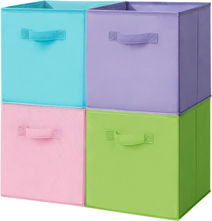 Easi Storage Cubes, 11 Inch Fabric Storage Bins, Set of 4, Foldable Collapsible Cube Organizer with Handles, Closet Shelves Office Nursery Storage, Cubby Storage Bins for Toys Clothes Books, Multi by Unknown