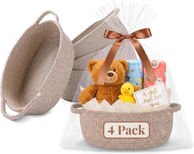 VIRETH HAUS 4pcs Small Woven Baskets with Gift Bags, Ribbons & Wrap Papers | Gift Baskets Empty to Fill for Valentines, Baby Shower, Easter, Christmas Day, Decorative Storage Bins for Toys & Home by Unknown