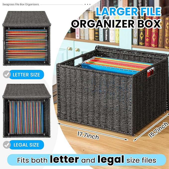 Cinnvoice Extra Large Decorative File Box 18 x 16 x 13 in Wicker Seagrass File Basket Organizer for Letter Legal Size Hand Woven Hanging Filing Cabinet with Lid for Office Paper Rope, Black - Image 2