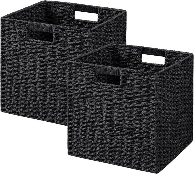 UBBCARE 2 Pack Wicker Basket, 11L×11H×10.5W inch Woven Paper Rope Storage Baskets for Shelves, Foldable Cube Storage bin with Handle, Storage Basket for Organizing & Decor, Black by UBBCARE