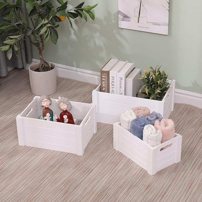 Farmhouse Modern White Wooden Crates For Storage | Rustic Decorative Boxes,Set Of 3 Large Nesting Wooden Storage Crates For Home Decor,Handmade Natural Solid Wood Box - Image 5