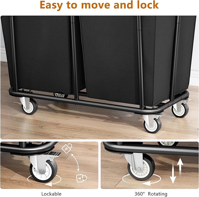 Gewudraw Heavy Duty Laundry Hamper with Wheels 2 Section, 360L, Black | Big Rolling Laundry Basket Sorter Cart, Extra Large Clothes Hamper, Laundry Basket Organizer for Laundry Room, Bathroom - Image 4