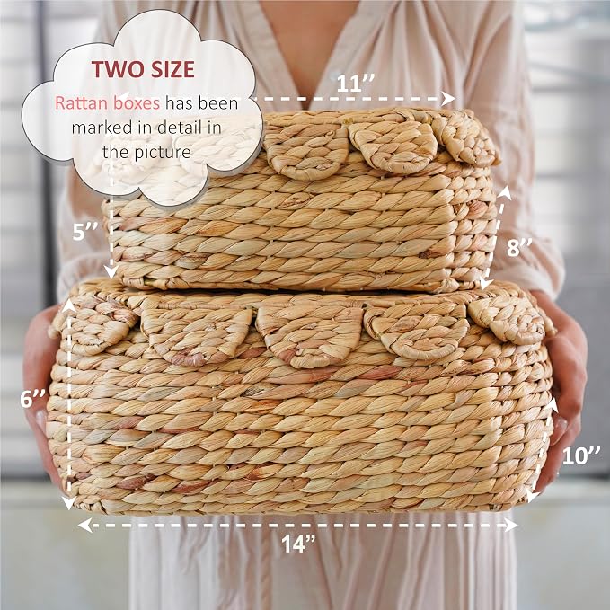 LUSYDECO Set of 2 Wicker Storage Baskets with Lid, Rattan Basket Decorative Boxes, Woven Storage Box Hyacinth Basket with Lids, Small Scalloped Edge Wicker Baskets with Lids - Image 4