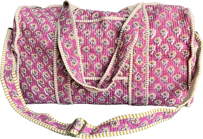 ATOSII Large Duffle Bag, Handblock Print 100% Quilted Cotton for Overnight Trip, Travel Weekender, Luggage, 2 Pockets with Zipper, 1 Front Pocket, Detachable Long Strap, 20 X 10 X 12 Inches, Berry by ATOSII