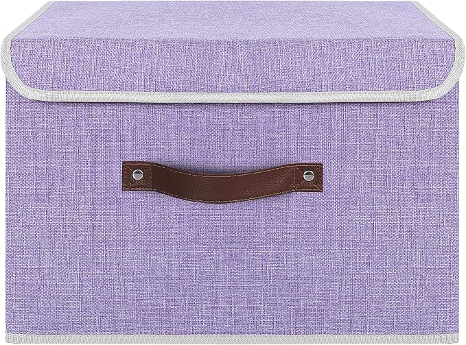 ANMINY Fabric Storage Box Bins with Lids, Purple, 15"x10"x10", 4 Pack | Keepsake Memory Storage, Cotton Linen, PP Board Reinforced, Washable, PU Handles, Foldable & Stackable, Decorative, Large - Image 5