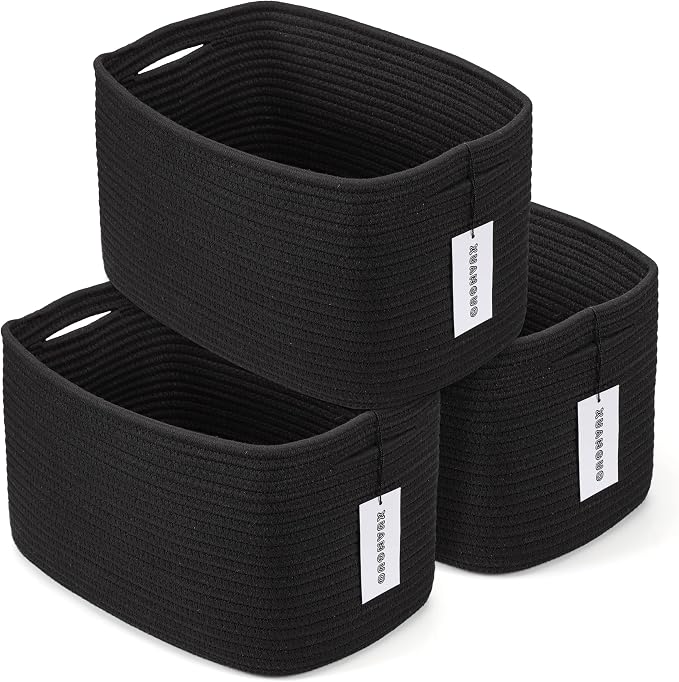 XUANGUO Woven Cotton Rope Storage Baskets 15x10x9.3" 3 Pack Black | Decorative rectangular storage baskets for shelves and closets; storage bins organize clothes, toys, books and nursery items. by XUANGUO