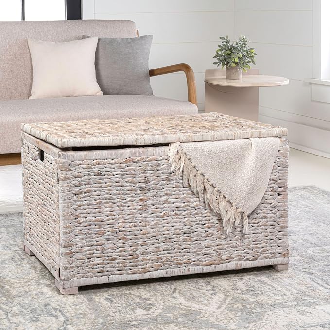 happimess Anada 30" Storage Trunk Wicker Weave Water Hyacinth, White Wash | Solid Mahogany Construction, Collapsible Folds Flat, Removable Lid, Fabric Liner, Footed Base, 17.5" Height, 17.5" Depth - Image 2