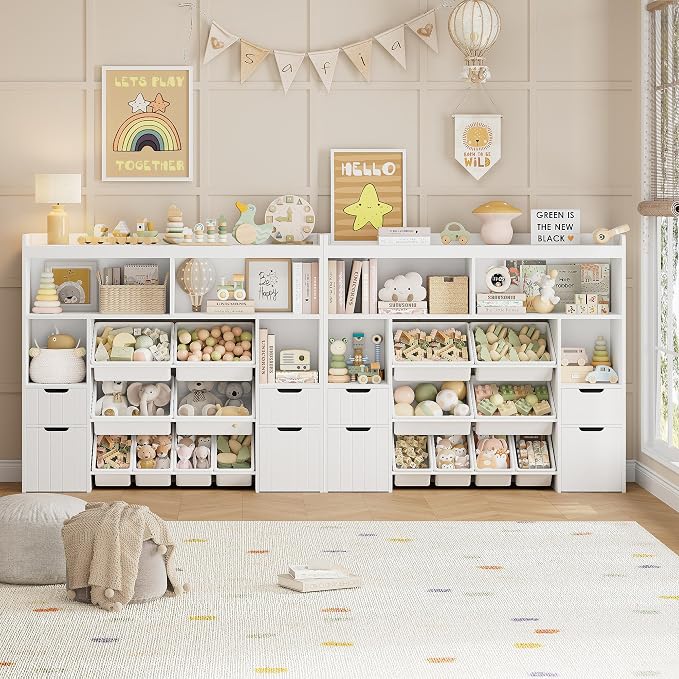 HORSTORS 55" W Toy Storage Organizer, Large Kids Bookshelf, Toy Box, White | 8 Plastic Storage Bins / 2 Removable Toy Storage Boxes / Open Shelves, Kids Bookcase with Drawers for Playroom, Kids Room - Image 4
