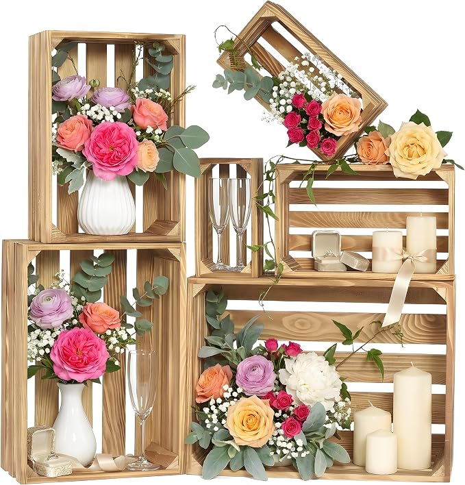 Wooden Crates for Display 6 Pack Nesting Crates for Weddings and Decor | Six Nesting Pine Crates with Cutout Handles for Wedding Displays, Farmhouse Decor, Storage, Farmers Markets, and DIY by Unknown