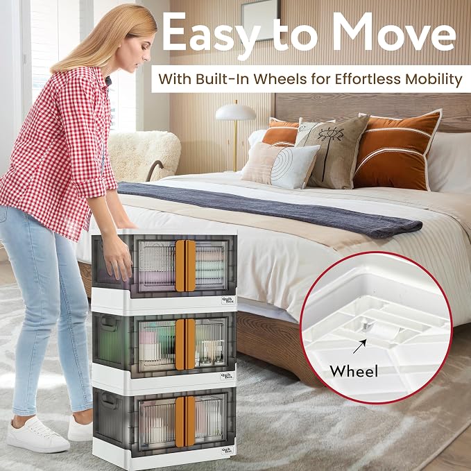 Quik Box - 8.5 Gallon Stackable Storage Bins with Doors & Wheels - Collapsible Organizer for Dorms, Bedroom & Home - Durable Polystyrene - White - Image 3