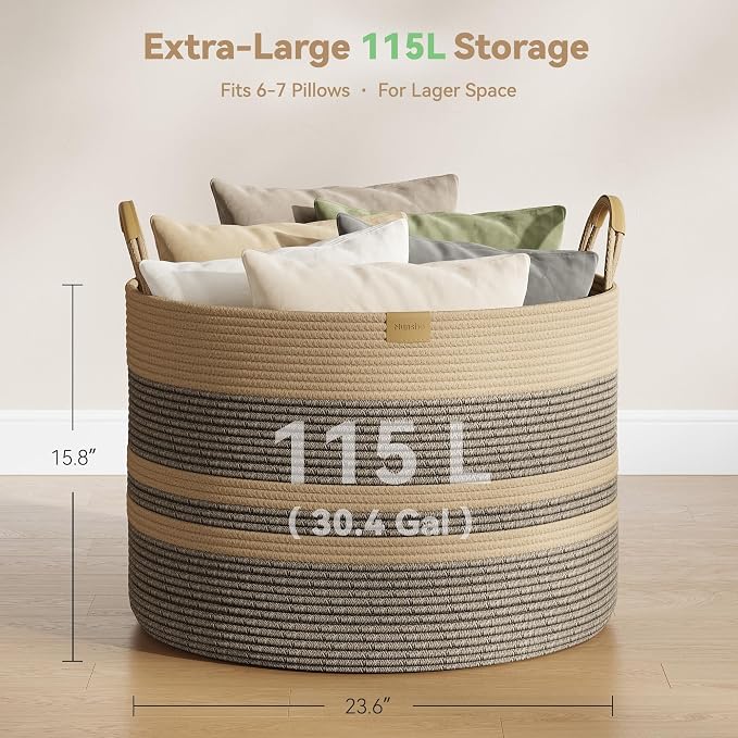 Nunsino 115L Woven Blanket Basket with Leather Handles, Cotton Rope Laundry Basket Hamper,Decorative Nursery Basket Toy Storage Basket for Kids, Living Room, Bedroom, Dark Brown Stripes - Image 4