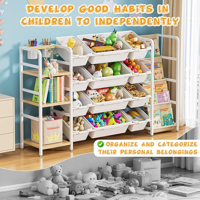 Toy Storage Organizer with 4-Tier Bookshelf, 57" Extra Wide Kids Toy Storage Shelf with 12 Bins, Large Metal Kids Bookcase for Playroom Organization and Nursery Room Decor, White - Image 5