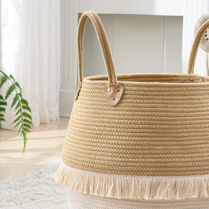 KAKAMAY Woven Baskets for Storage(17"x17"),Large Cotton Rope Woven Baby Laundry Hamper,Collapsible Laundry Basket, Blanket Basket for Organizing Living Room,Nursery,Pillows,Toy Chest(Beige) - Image 2