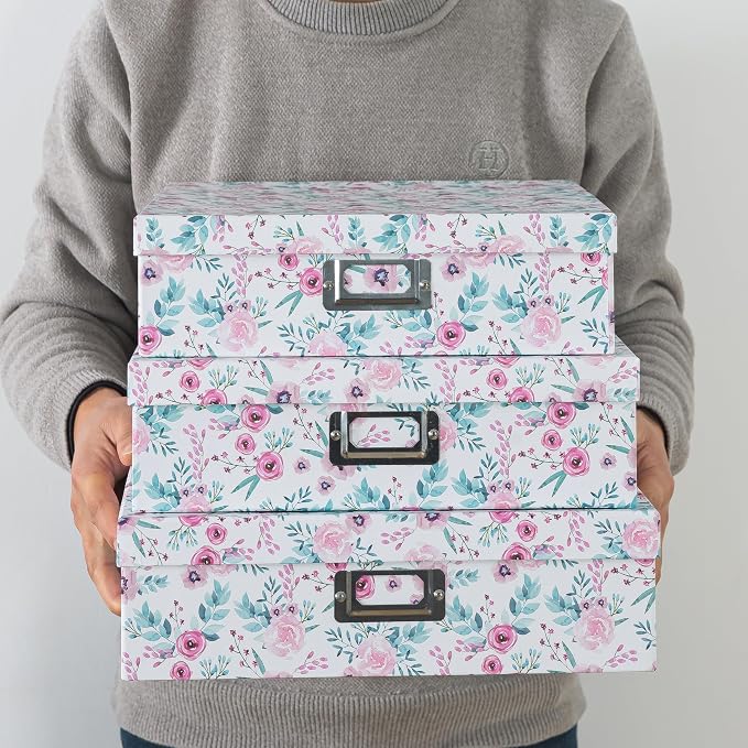 Soul & Lane - Pretty Floral Decorative Storage Boxes with Lids, Set of 3 | Nesting Cardboard Keepsake Box Set for Photos, Documents and Memories, Large Letter Organizers for Scrapbook Storage - Image 3