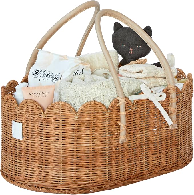 BEBE BASK Premium Baby Diaper Caddy Organizer - Scalloped Rattan Basket | Handmade & Award-Winning, Elegant Scalloped Edge, Newborn Essentials, Nursery Basket, Removable Divider, Baby Shower (Mocca) by BEBEBASK%C2%AE