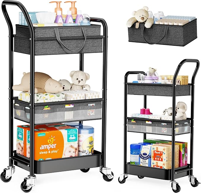Baby Diaper Caddy Organizer Cart with Adjustable Shelf and Detachable Dividers, Grey 3 Tier Postpartum Carts on Wheels, Rolling Storage Cart for Baby Essentials, Newborn Must Haves, Bedside, Nursery by Unknown