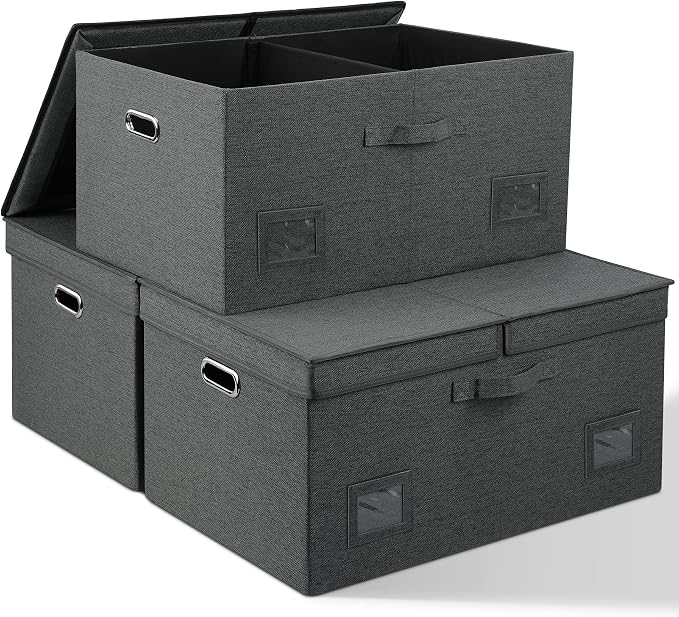 Graciadeco 75 Quarts Extra Large Decorative Storage Bins with Lids, 3 Packs Dark Gray Collapsible Storage Bins with Lids, Stackable Storage Bins Decorative Box Storage With Lid Extra Large | 75 Quarts 3 Pack Dark Gray Collapsible Stackable Linen Fabric... by GraciadecoStorage