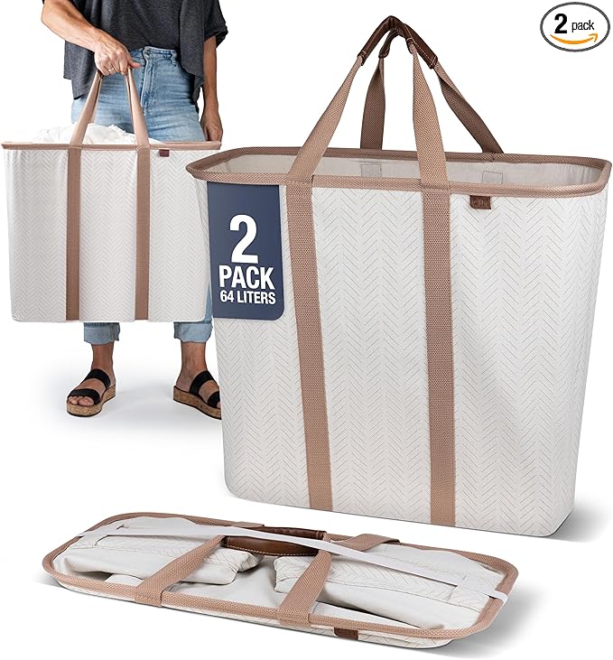 CleverMade Collapsible Fabric Laundry Hamper Premium, Cream Herringbone, 2 Pack | Upgrade Visible Laundry Storage | Refined Fabric and Vegan Leather Suit Open Rooms, While Structured Frame Carries 2 Loads by CleverMade