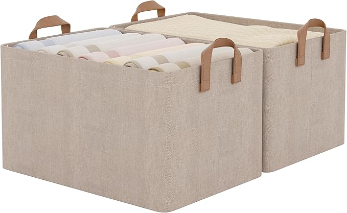 StorageWorks Large Fabric Storage Bins, Brown and Beige, 2-Pack | With Reinforced PU Handles, Metal Frame, Collapsible, Storage Basket for Shelves, Closet, Holds Clothes, Towels, Blankets by StorageWorks