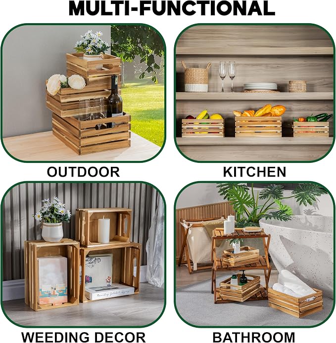 Nesting Wood Storage Crates (Set of 3) - Light Natural Acacia Wood Stackable Wooden Boxes for Storage & Organization - Decorative Wooden Basket Set for Fruits, Shelving & Home Decor - Image 5