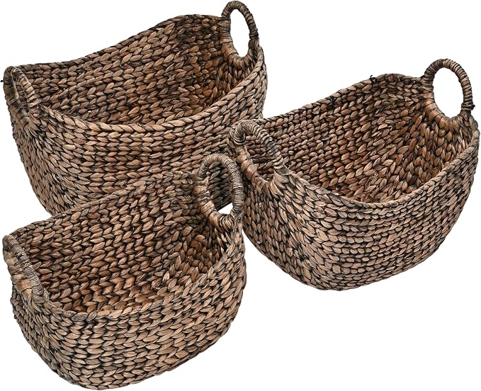happimess Nellie 3-Piece Hyacinth Boat Wicker Storage Baskets 17", Brown | Farmhouse Classic Handwoven Nesting Design, Integrated Handles, Decor For Living Room Bedroom Nursery, Toy Blanket Organizers by Happimess