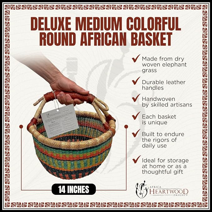 Africa Heartwood Project - Deluxe Colorful African Basket with Leather Handle - Handmade from dried Elephant Grass, Hand-Woven by Women in Bolgatanga, Ghana - Medium 14" Round Flat-packed - Image 2