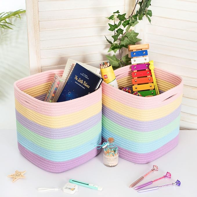 3-Pack 11x11in Woven Cube Storage Bin and Shelf Baskets, Cute Decorative Square Organizer for Closet, Classroom, Bathroom, Dog and Cat Toys, and Books, Pastel Rainbow - Image 4