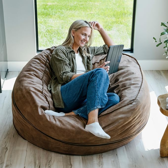 Big Joe Fuf 5Ft Oversized Foam Bean Bag Chair with Removable Cover for Kids, Teens, Adults, Coffee Soft Vegan Leather, 5 Foot Large Reading and Gaming Seat - Image 2