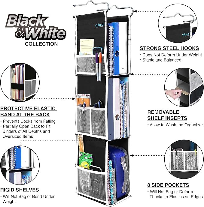 ABRA® 3 Shelf Hanging Locker Organizer for School, Work, Gym | Deep Shelves 6.5”x 9”| Eco-Friendly Fabric Healthy for Children | Adjustable School Locker Shelf from 3 to 2 Shelves (Black/White) - Image 4
