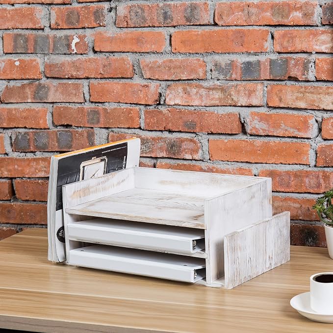 MyGift 3-Tier Desk Organizer & File Tray, Wood Letter Holder for Office, Farmhouse White Wood Desktop Document Organizer with Paper Storage - Image 3