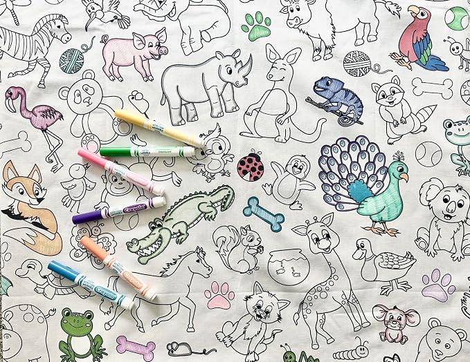 Animal Fun Design – XL Rectangle Tablecloth 60”X102” – Interactive Coloring Tablecloth for Kids - Poly/Cotton Fabric – Washable and Reusable – DIY Activity for Children and Adults by TheColoringTable