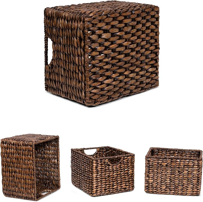 BIRDROCK HOME Storage Shelf Organizer Baskets with Handles - Handwoven Abaca Seagrass Wicker Basket for Pantry, Living Room, Office & Bathroom, Versatile Under Shelf Storage - Set of 3, Brown Wash | Woven Storage Baskets for Shelves with Handles, Cube ... - Image 7