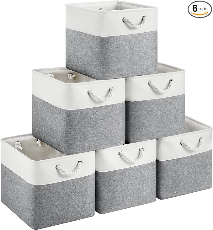 13x15x13 Inch Large Storage Bins with Cotton Rope Handles 6-Pack | Foldable, Top support of metal frame, Bottom with Cardboard Support, Fabric Cube Storage Bins for Closet, White Gray by HUZNXVY