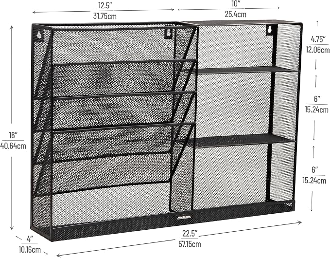 Mind Reader 4-Tier Vertical File Storage and Shelves, Desktop Organizer, Wall Mount, Office, Metal Mesh, 22.5"L x 4"W x 16"H, Black - Image 3