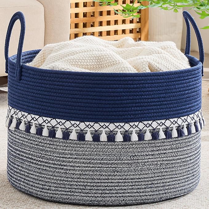 KAKAMAY Large Blanket Basket with Handles, Storage Basket for Living Room | Extra Large Capacity | Natural Cotton Rope | Blanket Storage | Woven Storage Basket | Stuffed Animal Storage | Laundry Basket by KAKAMAY