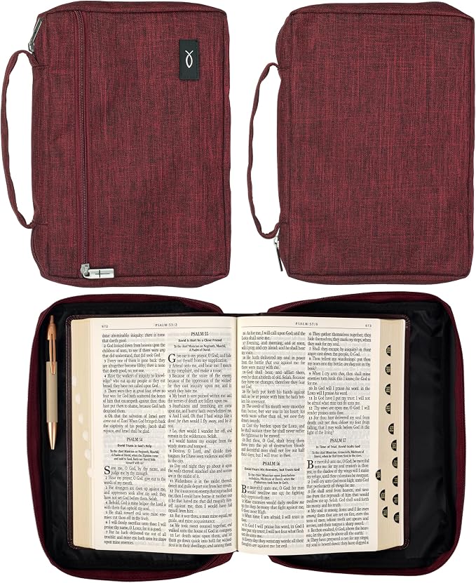 Christian Art Gifts Polyester Bible Cover for Men & Women w/Jesus Fish Patch, Secure Zipper Pocket, Pen Loops, Easy Carry Stationery Book Case, Accessories, Burgundy, Large - Image 5