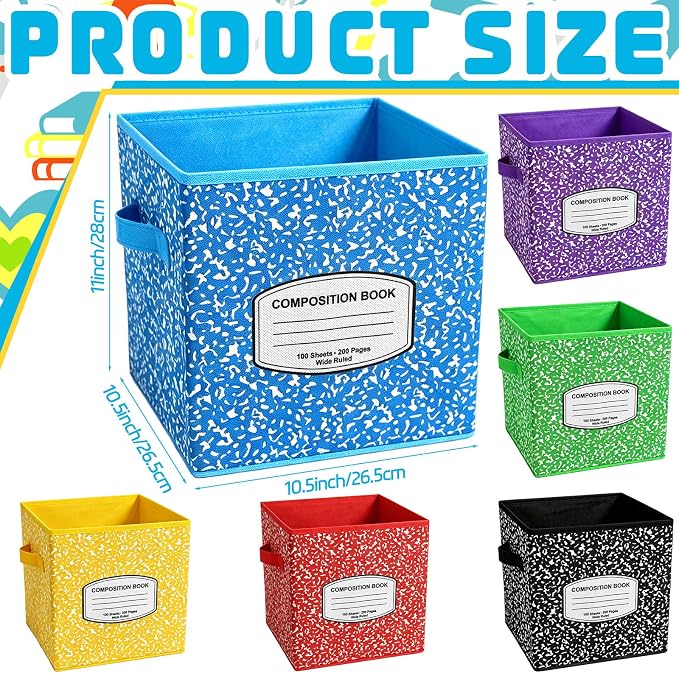 Demonwer 6 Pcs 11 Inch Fabric Storage Bins Color Composition Cubby Basket Bins with Handles Notebook Storage Containers for Back to School Decorations Office Home Organizer Supplies - Image 2