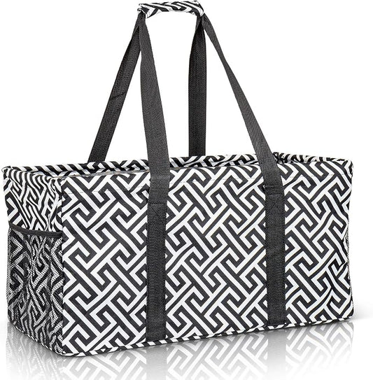 Extra Large Utility Tote Bag - Oversized Collapsible Reusable Wire Frame Rectangular Canvas Basket With Two Exterior Pockets For Beach, Pool, Laundry, Car Trunk, Storage - Geometrc Black by Lucazzi