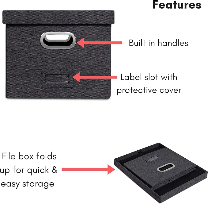 Internet's Best Collapsible File Storage Organizer with Lid - Decorative Linen Filing & Storage Office Box – Hanging Letter/Legal Folder – Home Office Bins Cabinet – Charcoal Container - 6 Pack - Image 5