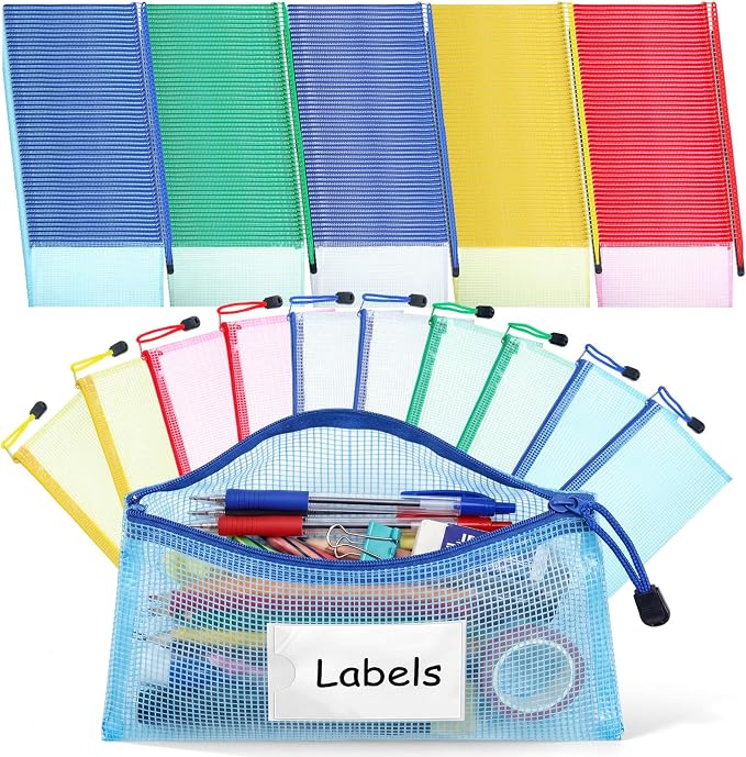 Handepo 200 Pack A6 Mesh Zipper File Bags with Label Cards, 9.45x4.53 in Waterproof Plastic Pouches, 5 Color Small Pencil Case for Office School Home Organization and Bill Stationary by Handepo