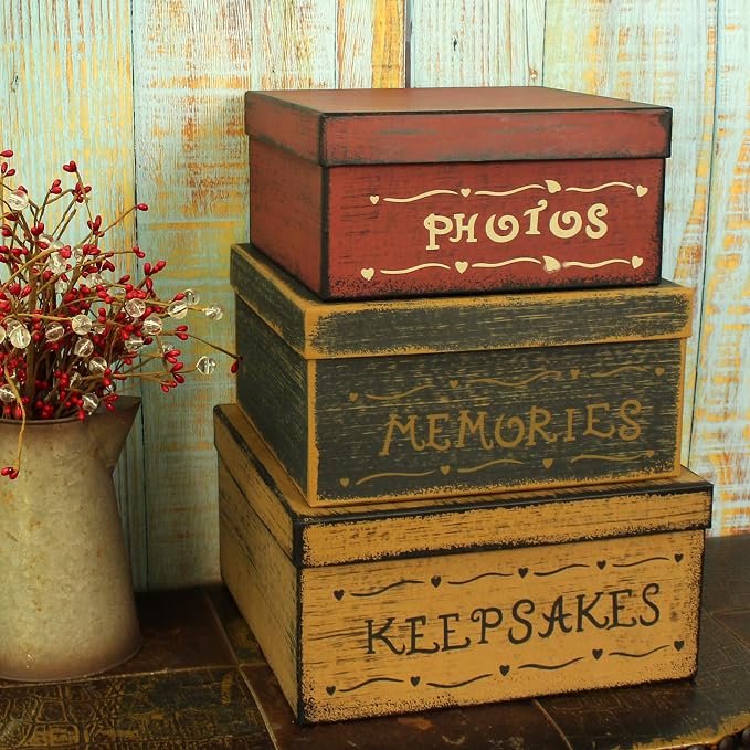 Primitive Vintage Square Photos, Memories, Keepsakes Cardboard Nesting Boxes, Large 11 X 11 X 5-1/2 Inch. Set of 3. - Image 3