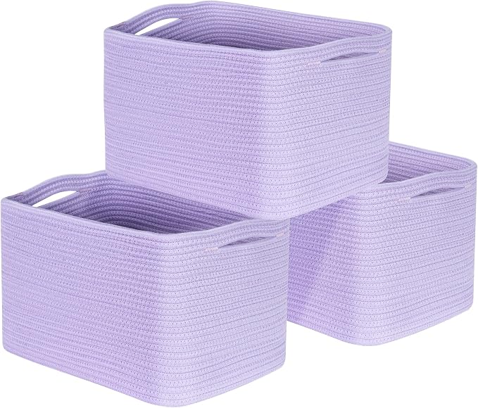 3-Pack Storage Baskets and Cube Bins for Shelves, Playroom and Classroom, Decorative Woven Closet Organizers for Books, Shoes, and Pantry Items, Lavender Purple by MINTWOODDesign