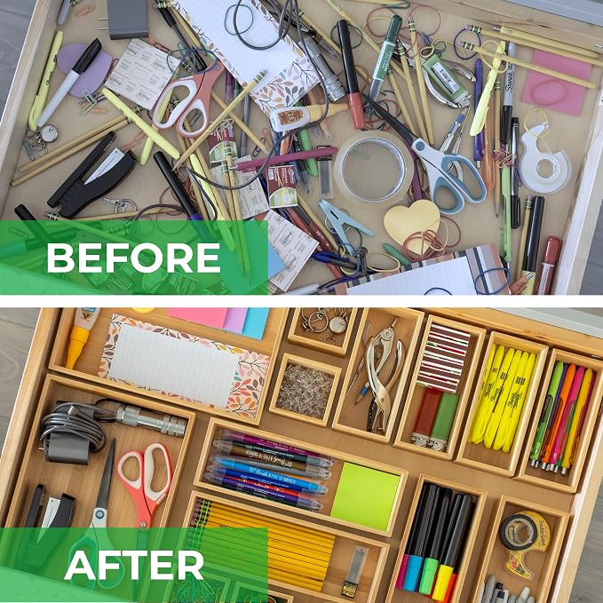 Grow Forward Bamboo Drawer Organizer Boxes - Set of 7 Wooden Drawer Organizers for Kitchen, Bathroom, Office, Desk, Vanity, Makeup - Non-Slip Junk Drawer Organizer Trays for Storage and Organization - Image 4