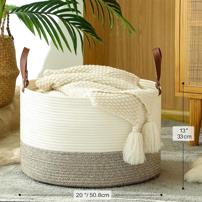 KAKAMAY Large Blanket Basket (20"x13"),Woven Baskets for storage Baby Laundry Hamper,Cotton Rope Blanket Basket for Living Room, Laundry, Nursery, Pillows, Baby Toy chest (White/Beige) | Extra Large Capacity | Natural Cotton Rope | Blanket Storage | Wo... - Image 7