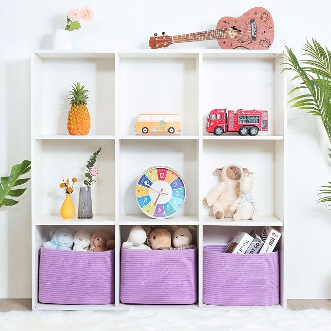3-Pack Storage Baskets for Shelves, Decorative Baskets for Organizing, Woven Baskets for Storage, Book Basket Cube Storage Bin Box, Pantry Closet and Shoe Organizers, Lilac Purple - Image 4