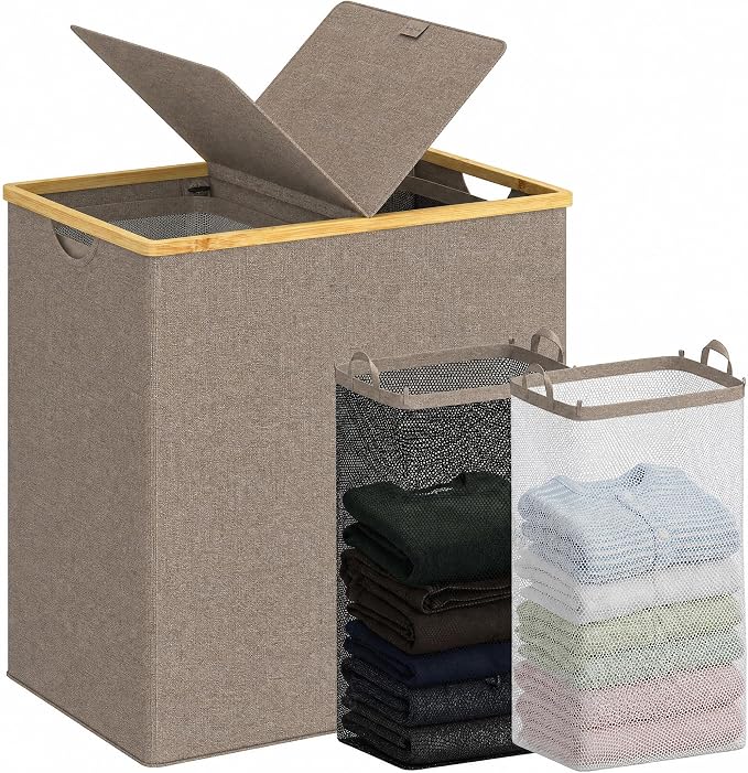 efluky Laundry Hamper with Lid, Double Laundry Basket with 2 Removable Bags, 2 Section Laundry Bin with Bamboo Handles for Bathroom, Bedroom & Laundry Room, 140L (36.9 Gallon) Brown by efluky