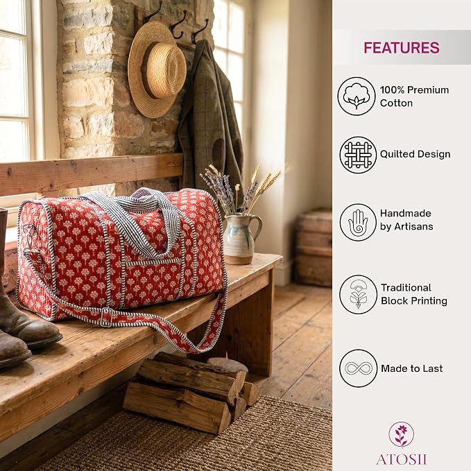 ATOSII Handblock Print 100% Cotton Large Quilted Duffle Bag for Overnight Trip, Travel Weekend Bag, Luggage, 2 Pockets with Zipper, 1 Front Pocket, Detachable Long Strap, 20 X 10 X 12 Inches, Terra - Image 4
