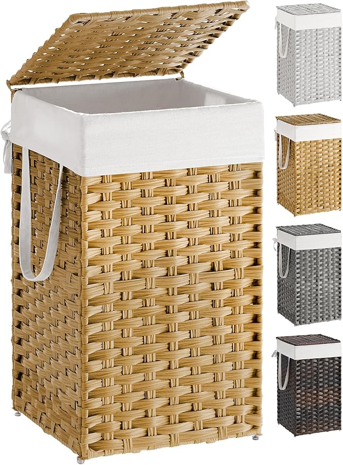 SONGMICS Laundry Hamper with Lid, 17.2 Gallon (65 L) Synthetic Rattan Clothes Laundry Basket with Lid and Handles, Foldable, Removable Liner, Goose Yellow ULCB165N01 by Unknown